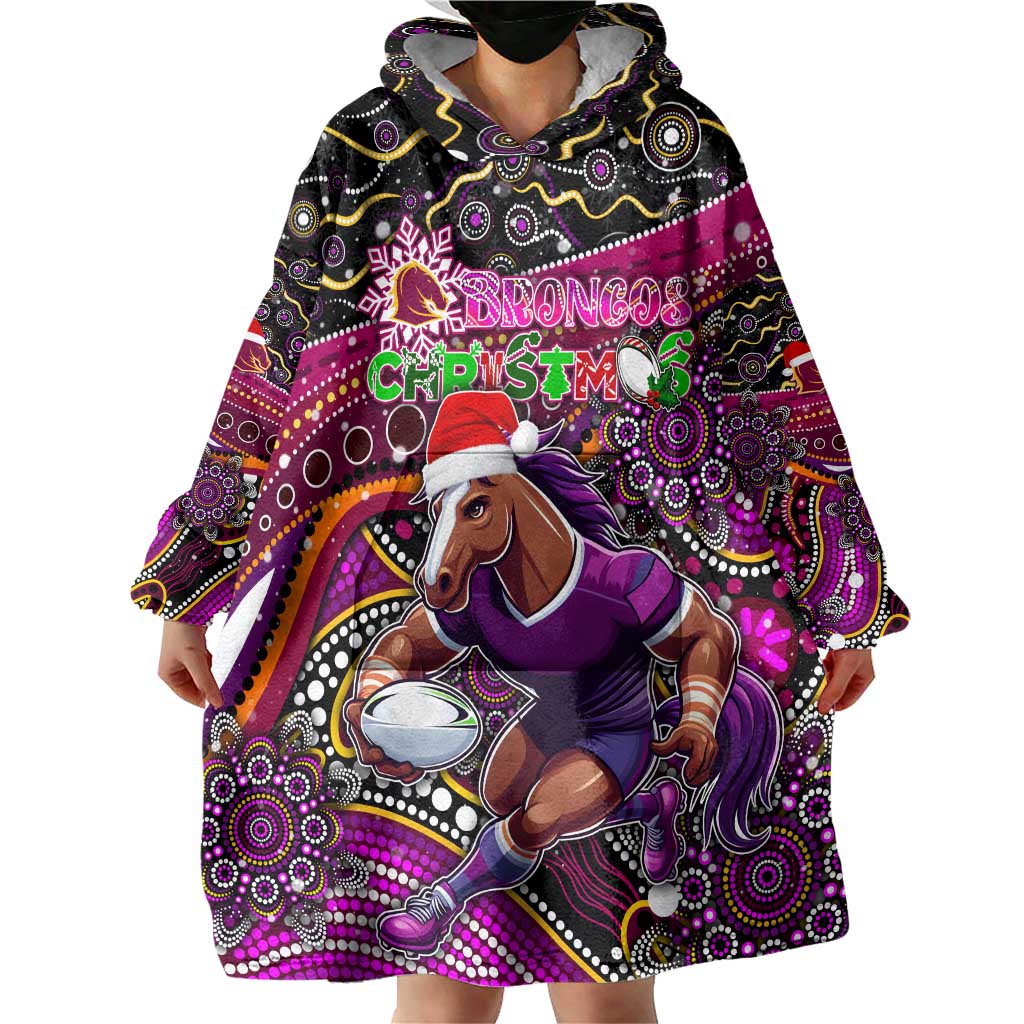 Merry Christmas Broncos Wearable Blanket Hoodie Aboriginal Santa Rugby Mascot - Brisbane - Vibe Hoodie Shop