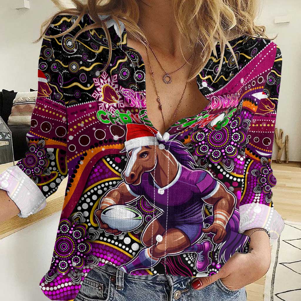 Merry Christmas Broncos Women Casual Shirt Aboriginal Santa Rugby Mascot - Brisbane - Vibe Hoodie Shop