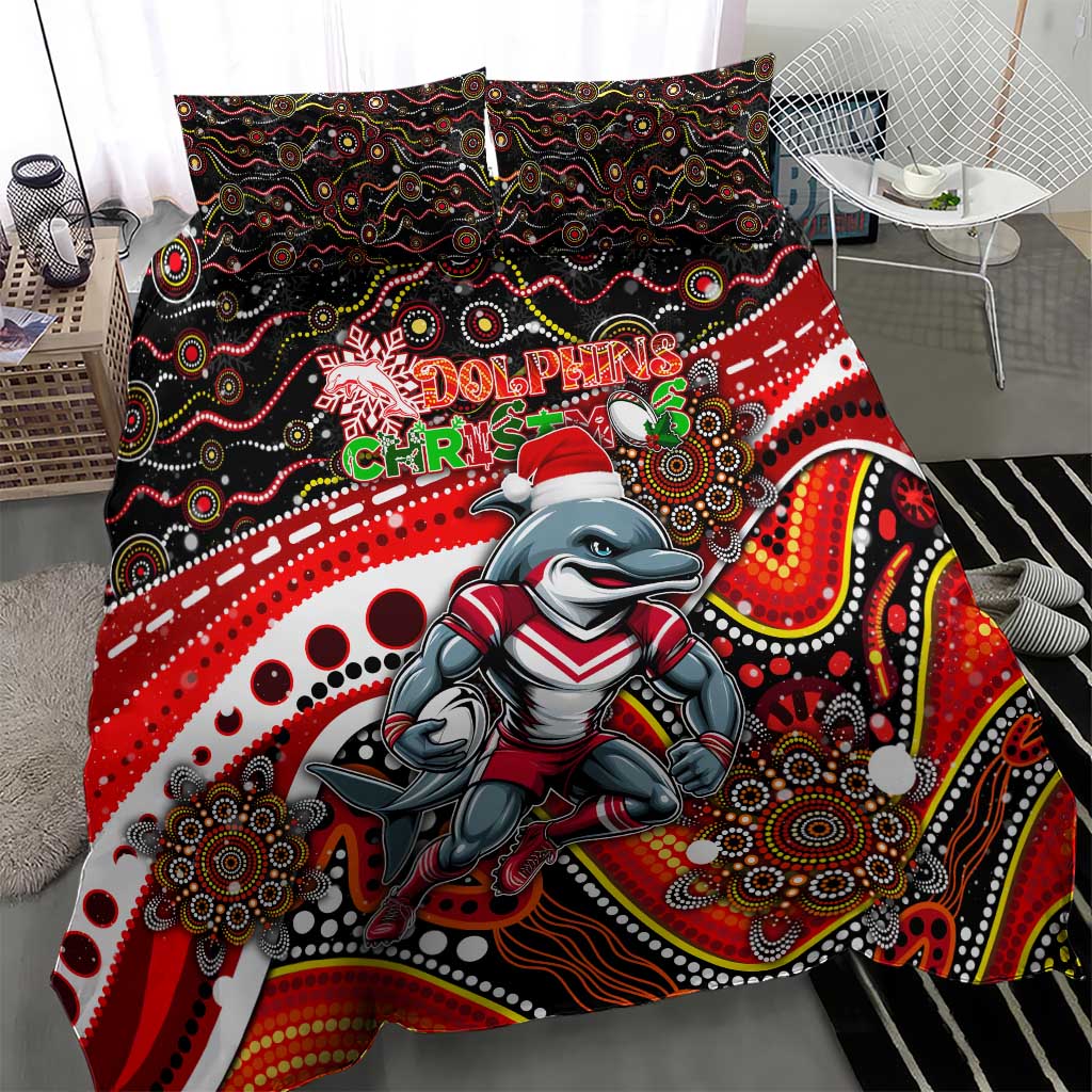 Merry Christmas Dolphins Bedding Set Aboriginal Santa Rugby Mascot - Redcliffe - Vibe Hoodie Shop