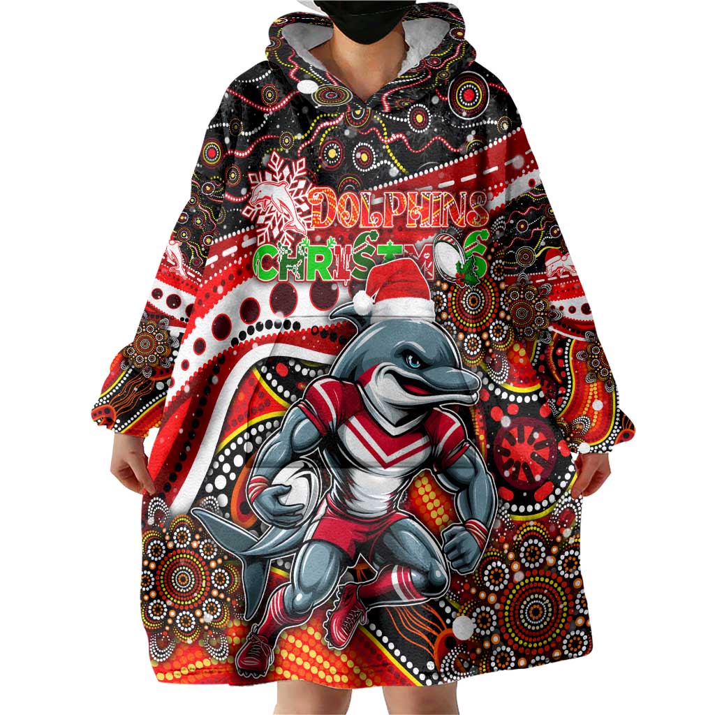 Merry Christmas Dolphins Wearable Blanket Hoodie Aboriginal Santa Rugby Mascot - Redcliffe - Vibe Hoodie Shop