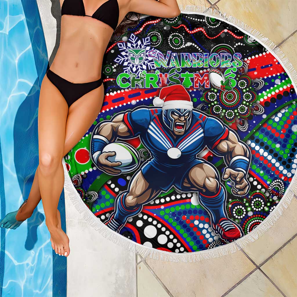 Merry Christmas New Zealand Warriors Beach Blanket Aboriginal Santa Rugby Mascot