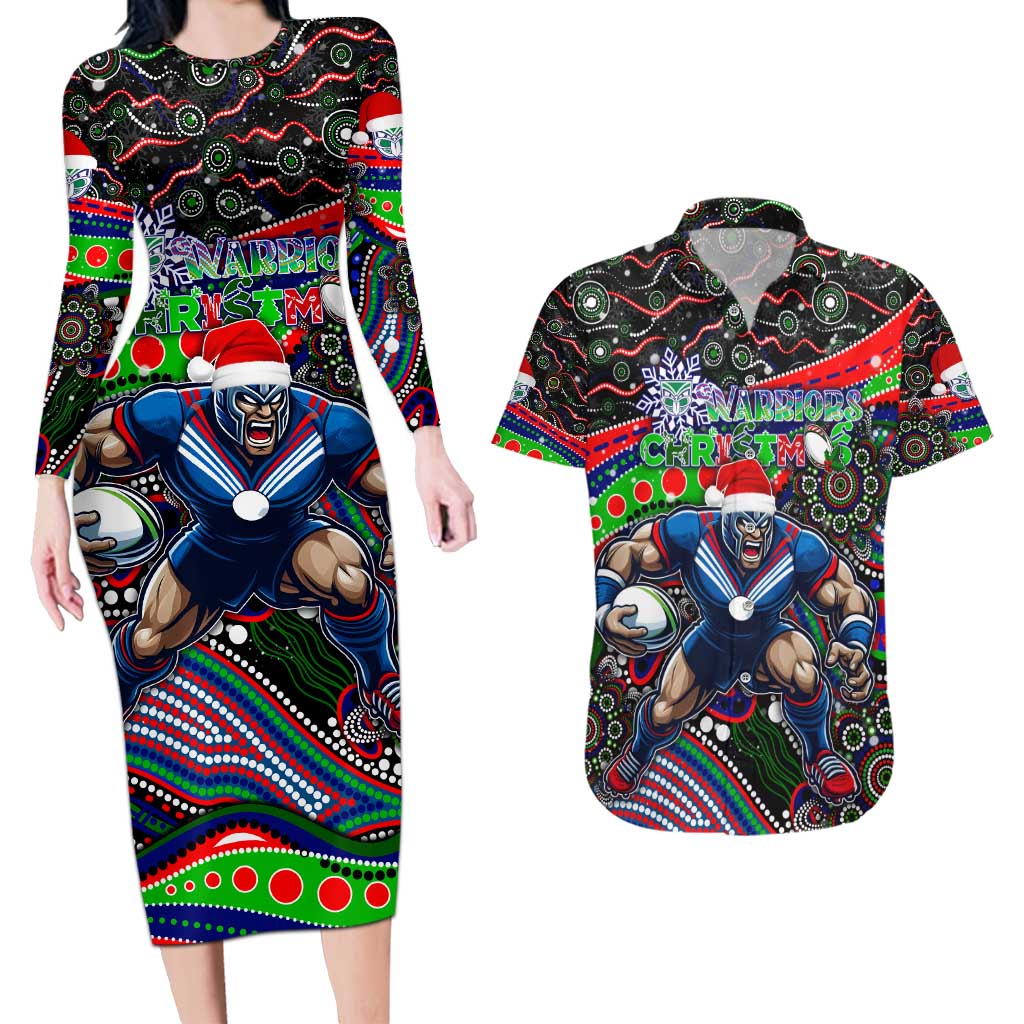 Merry Christmas New Zealand Warriors Couples Matching Long Sleeve Bodycon Dress and Hawaiian Shirt Aboriginal Santa Rugby Mascot