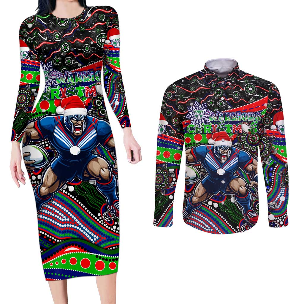 Merry Christmas New Zealand Warriors Couples Matching Long Sleeve Bodycon Dress and Long Sleeve Button Shirt Aboriginal Santa Rugby Mascot