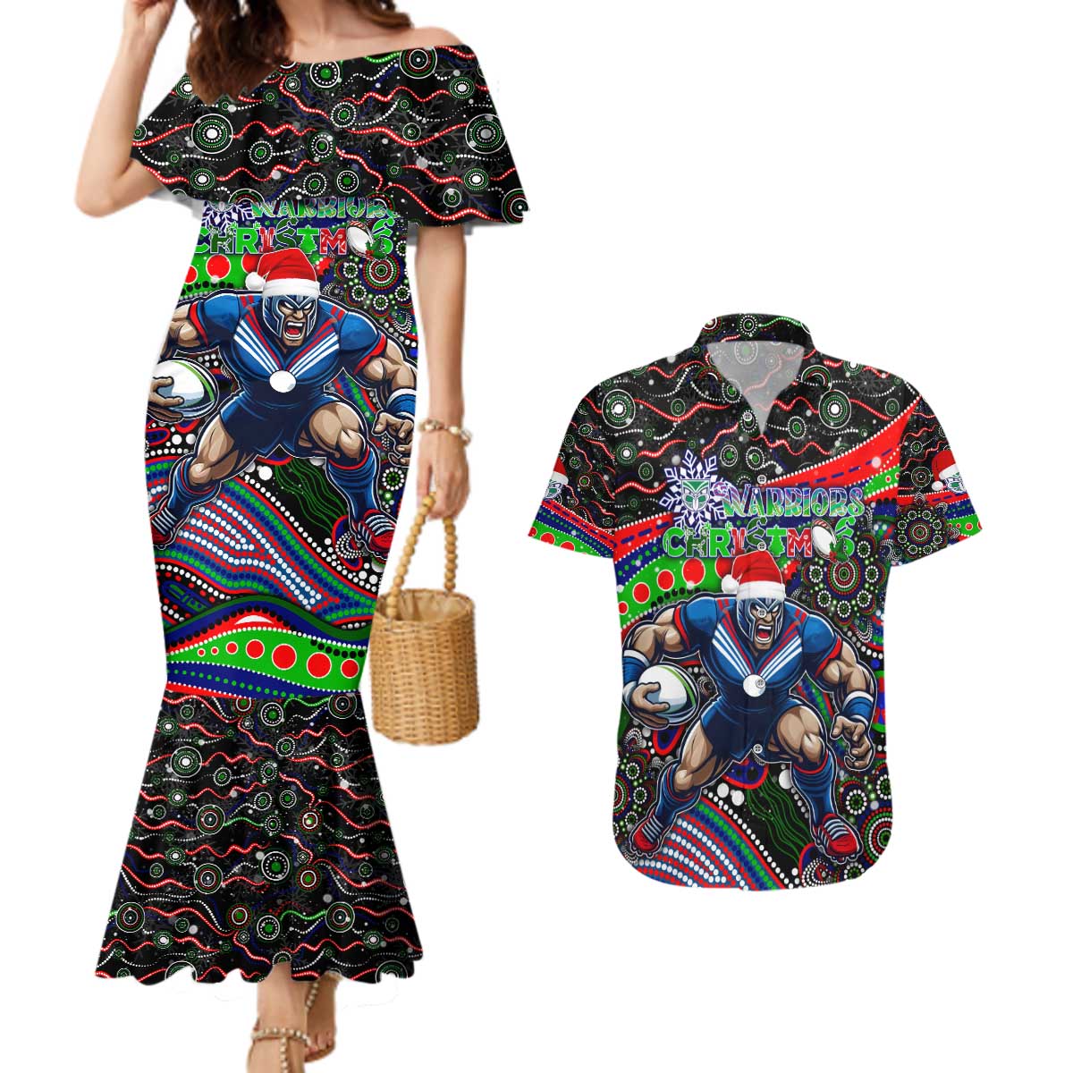 Merry Christmas New Zealand Warriors Couples Matching Mermaid Dress and Hawaiian Shirt Aboriginal Santa Rugby Mascot