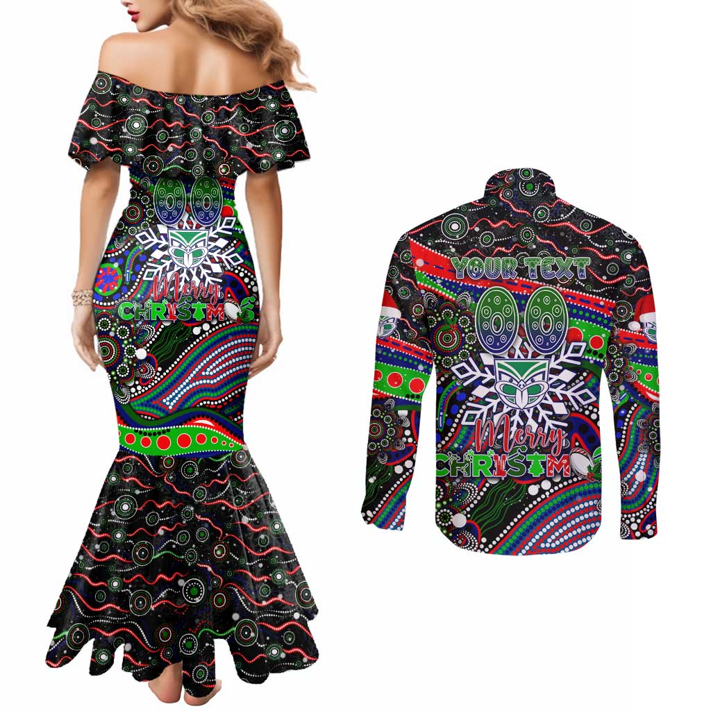 Merry Christmas New Zealand Warriors Couples Matching Mermaid Dress and Long Sleeve Button Shirt Aboriginal Santa Rugby Mascot