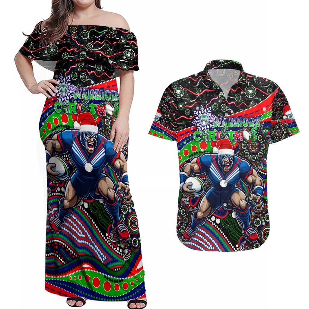 Merry Christmas New Zealand Warriors Couples Matching Off Shoulder Maxi Dress and Hawaiian Shirt Aboriginal Santa Rugby Mascot