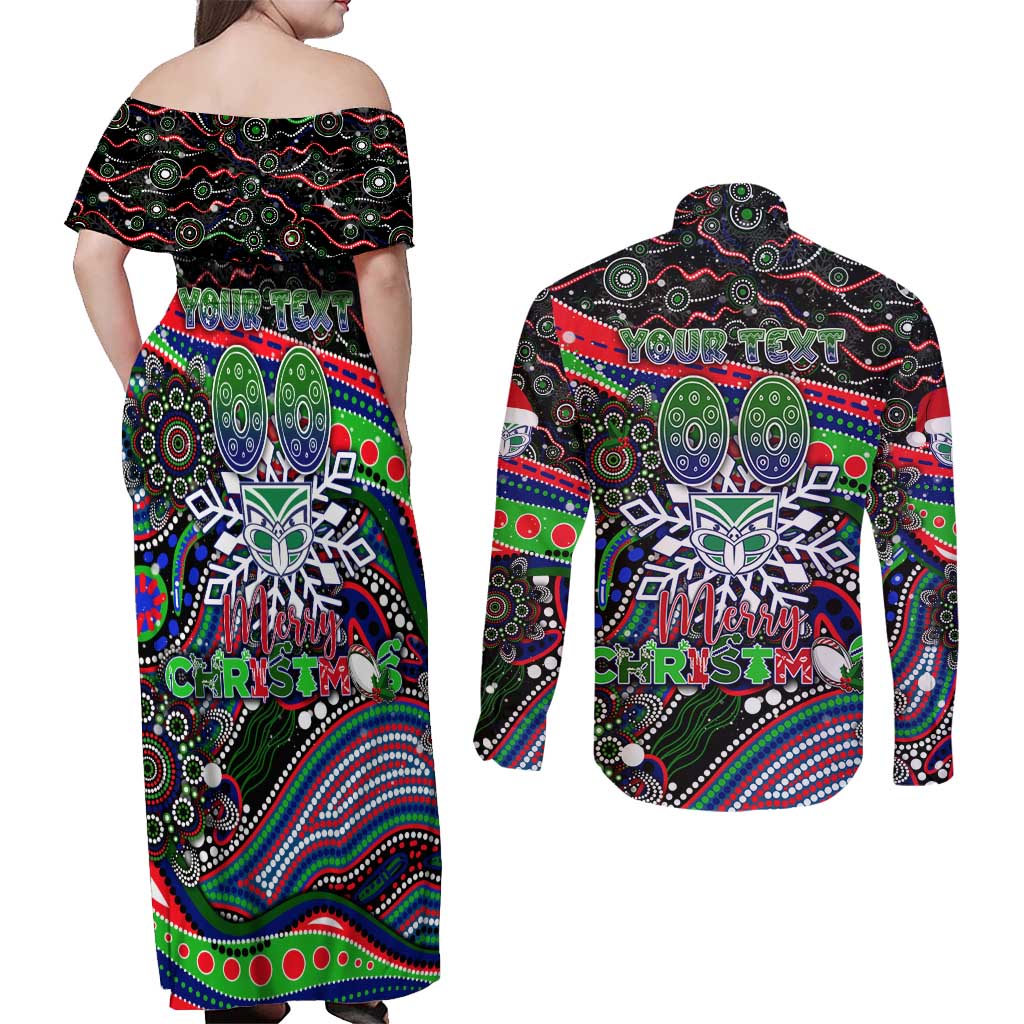 Merry Christmas New Zealand Warriors Couples Matching Off Shoulder Maxi Dress and Long Sleeve Button Shirt Aboriginal Santa Rugby Mascot