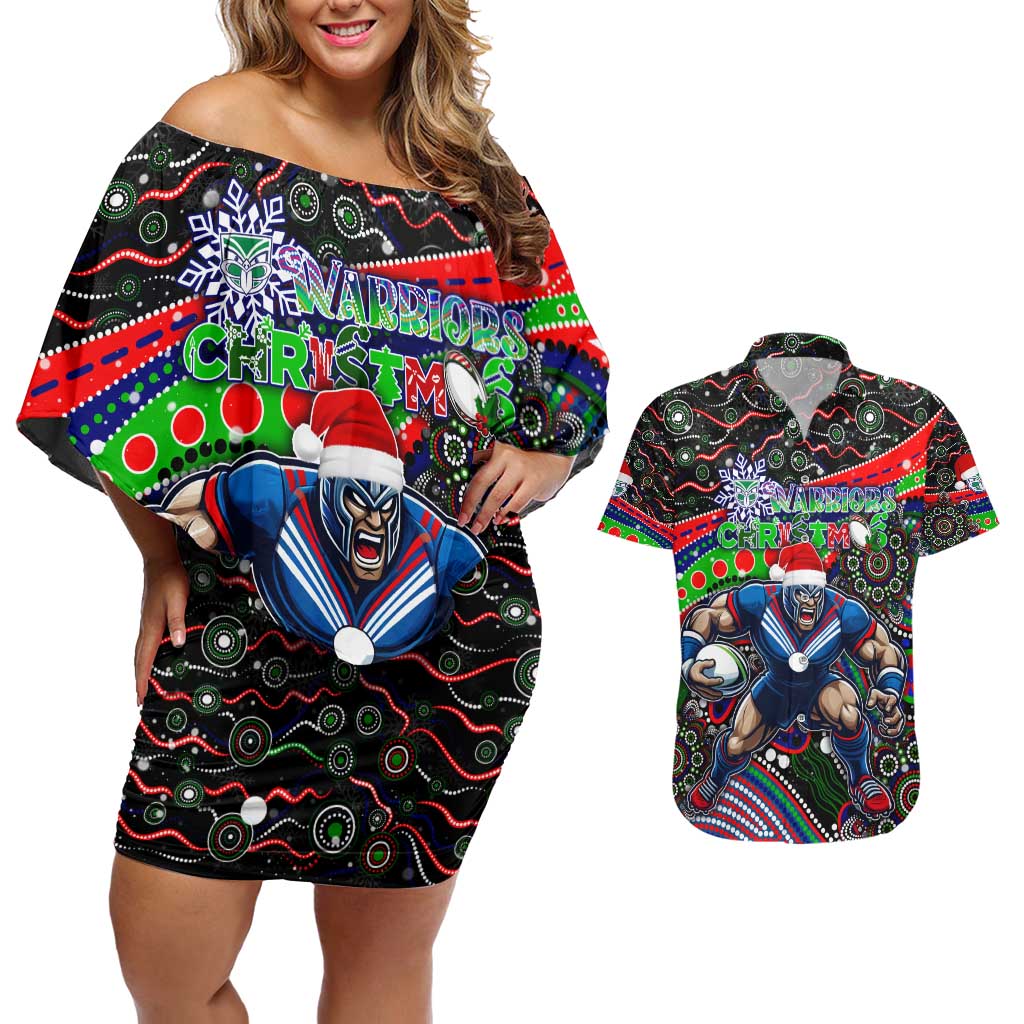 Merry Christmas New Zealand Warriors Couples Matching Off Shoulder Short Dress and Hawaiian Shirt Aboriginal Santa Rugby Mascot