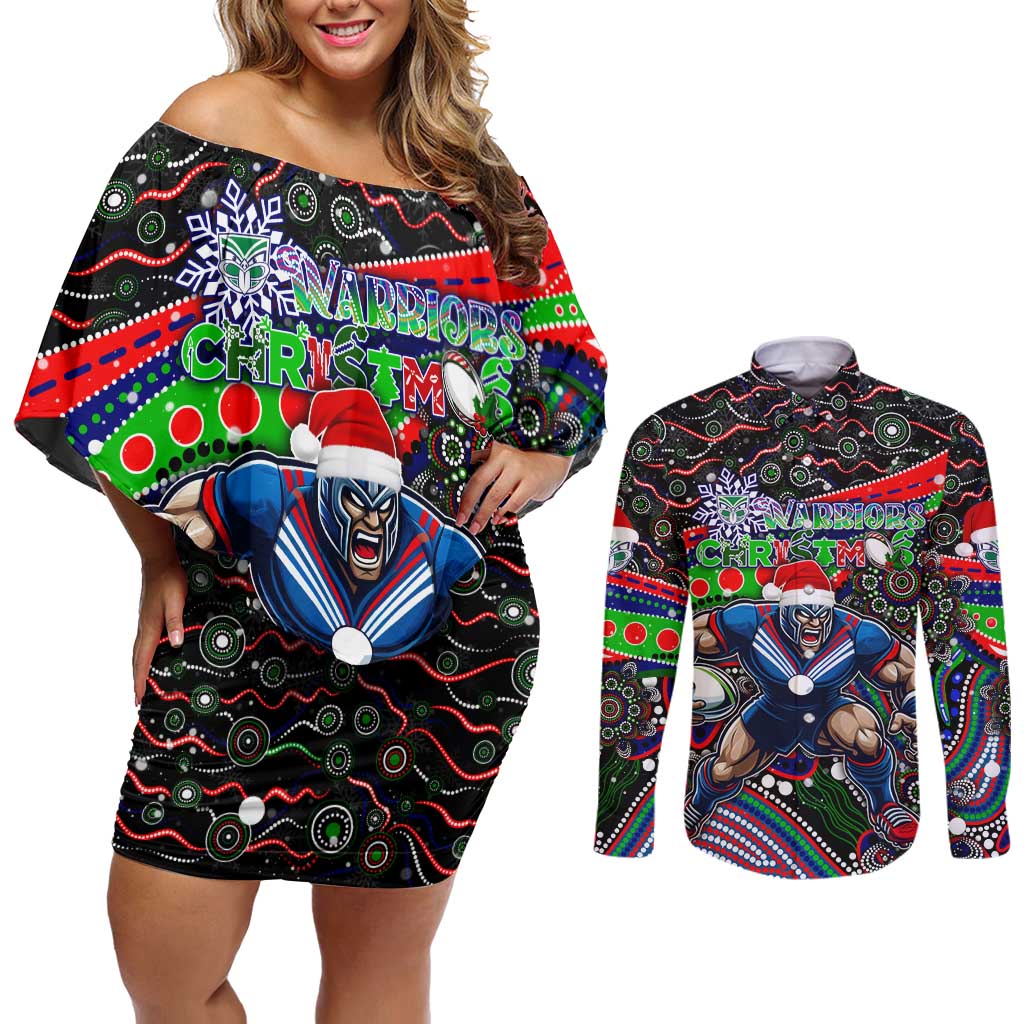 Merry Christmas New Zealand Warriors Couples Matching Off Shoulder Short Dress and Long Sleeve Button Shirt Aboriginal Santa Rugby Mascot