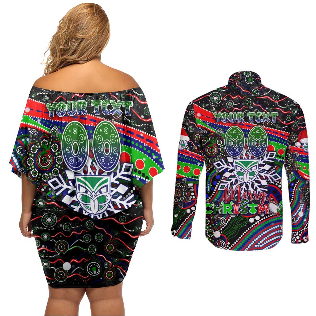 Merry Christmas New Zealand Warriors Couples Matching Off Shoulder Short Dress and Long Sleeve Button Shirt Aboriginal Santa Rugby Mascot