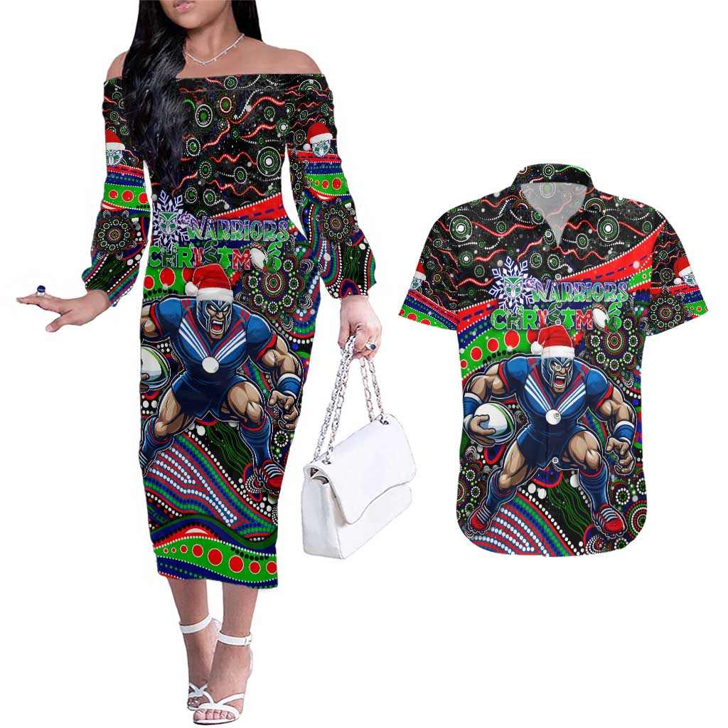 Merry Christmas New Zealand Warriors Couples Matching Off The Shoulder Long Sleeve Dress and Hawaiian Shirt Aboriginal Santa Rugby Mascot