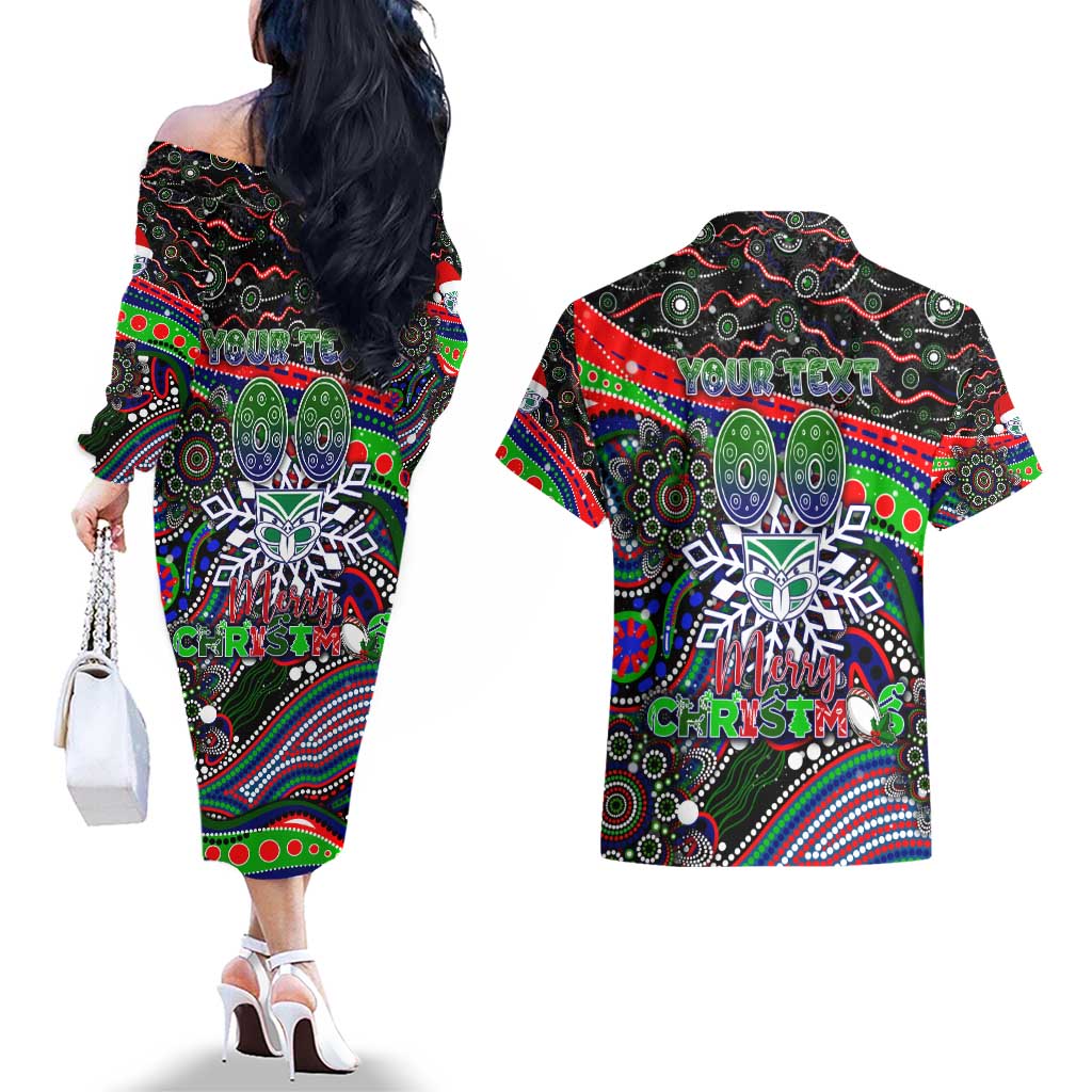 Merry Christmas New Zealand Warriors Couples Matching Off The Shoulder Long Sleeve Dress and Hawaiian Shirt Aboriginal Santa Rugby Mascot