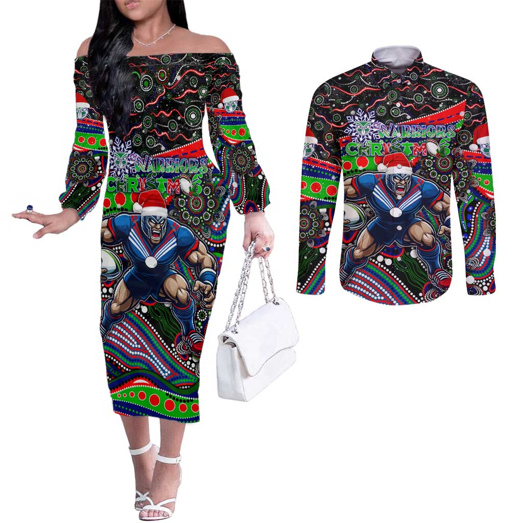 Merry Christmas New Zealand Warriors Couples Matching Off The Shoulder Long Sleeve Dress and Long Sleeve Button Shirt Aboriginal Santa Rugby Mascot