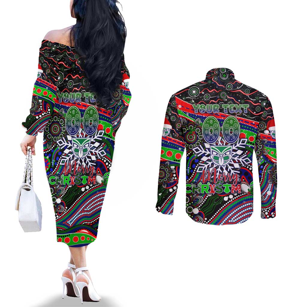 Merry Christmas New Zealand Warriors Couples Matching Off The Shoulder Long Sleeve Dress and Long Sleeve Button Shirt Aboriginal Santa Rugby Mascot