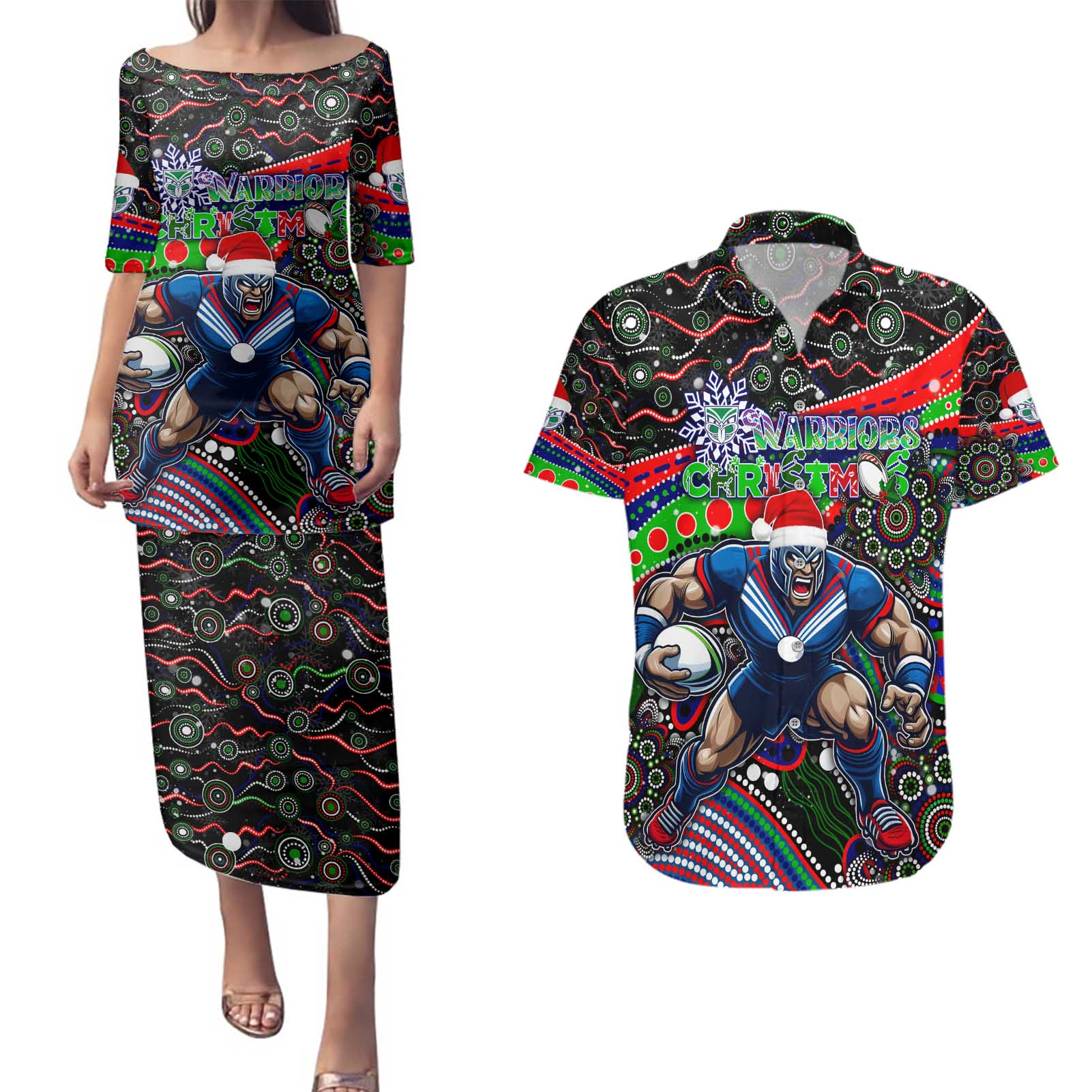 Merry Christmas New Zealand Warriors Couples Matching Puletasi and Hawaiian Shirt Aboriginal Santa Rugby Mascot