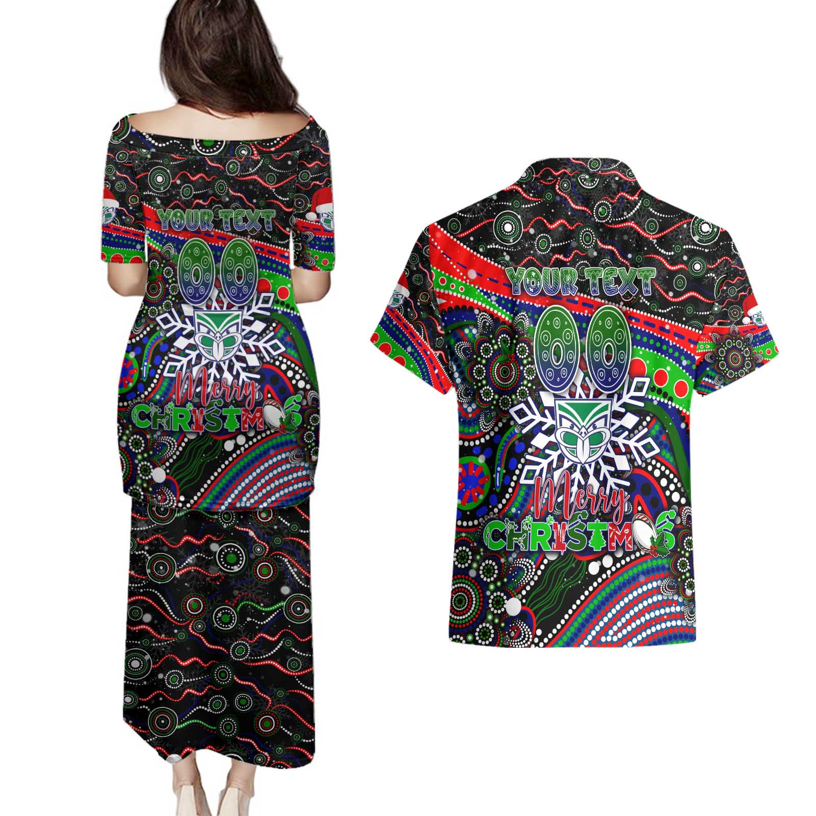 Merry Christmas New Zealand Warriors Couples Matching Puletasi and Hawaiian Shirt Aboriginal Santa Rugby Mascot