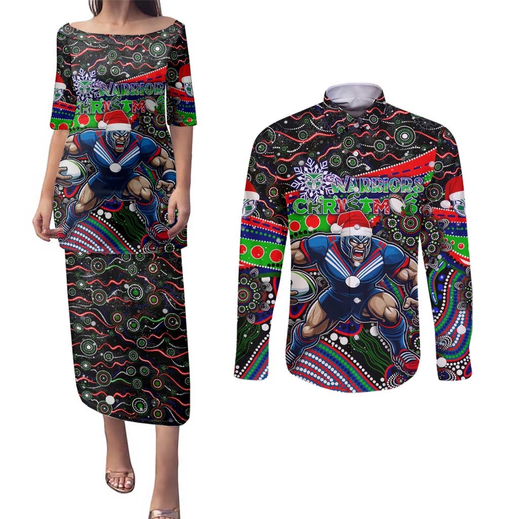 Merry Christmas New Zealand Warriors Couples Matching Puletasi and Long Sleeve Button Shirt Aboriginal Santa Rugby Mascot