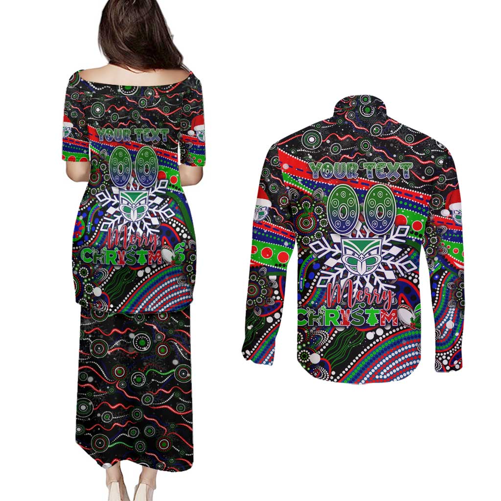 Merry Christmas New Zealand Warriors Couples Matching Puletasi and Long Sleeve Button Shirt Aboriginal Santa Rugby Mascot