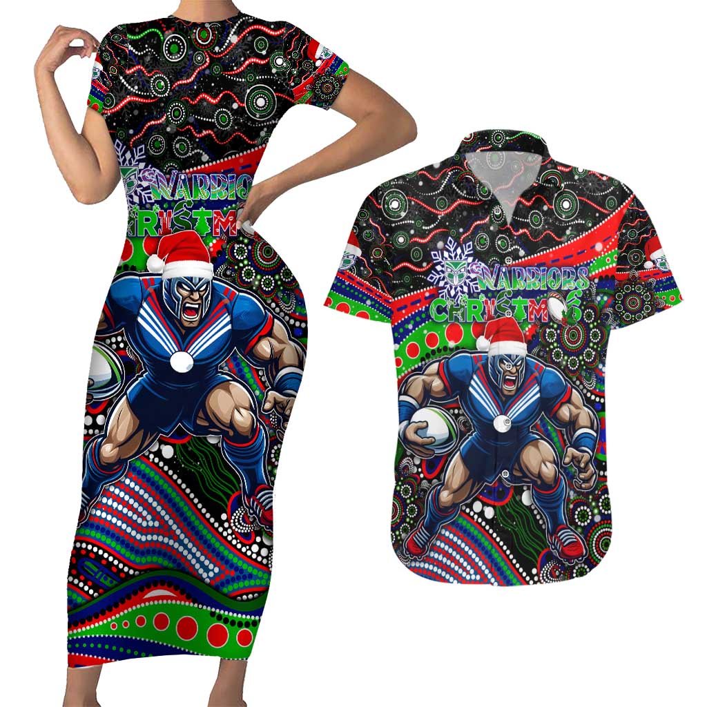 Merry Christmas New Zealand Warriors Couples Matching Short Sleeve Bodycon Dress and Hawaiian Shirt Aboriginal Santa Rugby Mascot