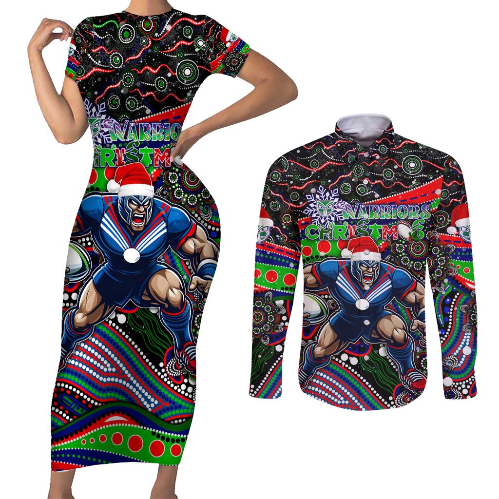 Merry Christmas New Zealand Warriors Couples Matching Short Sleeve Bodycon Dress and Long Sleeve Button Shirt Aboriginal Santa Rugby Mascot