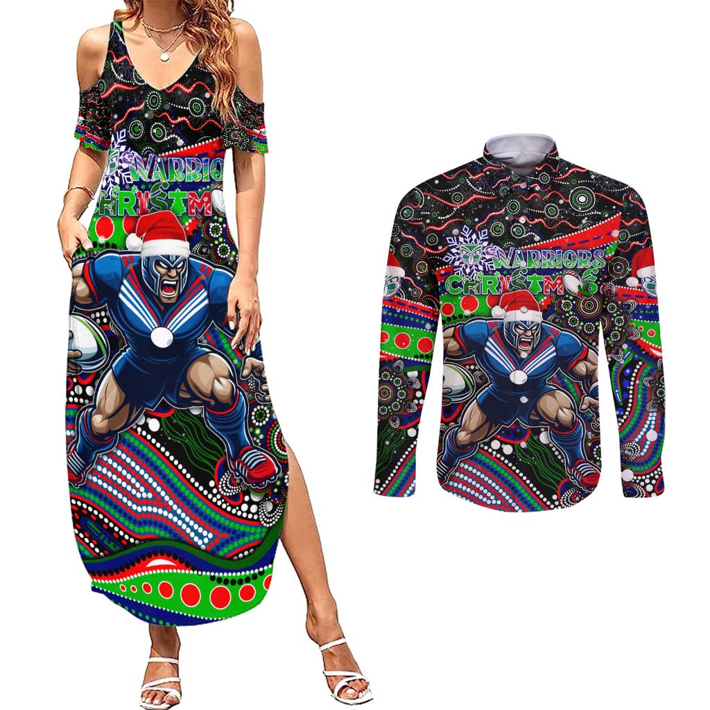 Merry Christmas New Zealand Warriors Couples Matching Summer Maxi Dress and Long Sleeve Button Shirt Aboriginal Santa Rugby Mascot