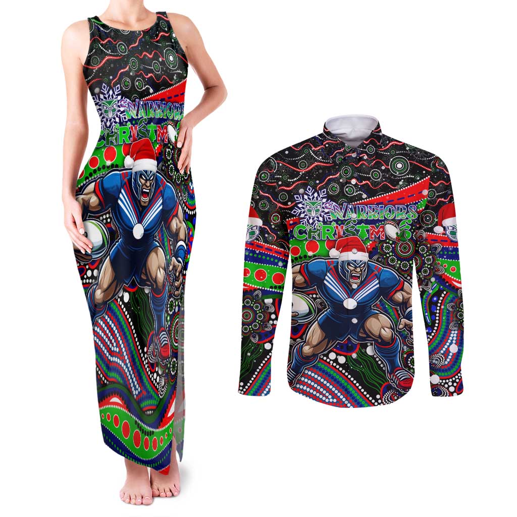 Merry Christmas New Zealand Warriors Couples Matching Tank Maxi Dress and Long Sleeve Button Shirt Aboriginal Santa Rugby Mascot