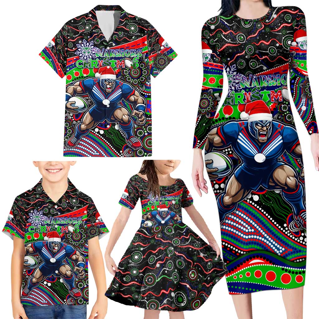 Merry Christmas New Zealand Warriors Family Matching Long Sleeve Bodycon Dress and Hawaiian Shirt Aboriginal Santa Rugby Mascot