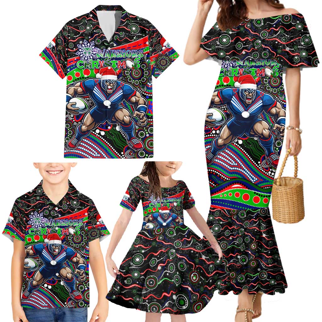 Merry Christmas New Zealand Warriors Family Matching Mermaid Dress and Hawaiian Shirt Aboriginal Santa Rugby Mascot