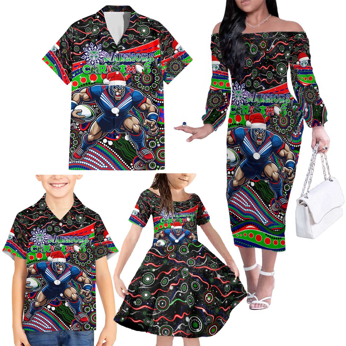 Merry Christmas New Zealand Warriors Family Matching Off The Shoulder Long Sleeve Dress and Hawaiian Shirt Aboriginal Santa Rugby Mascot