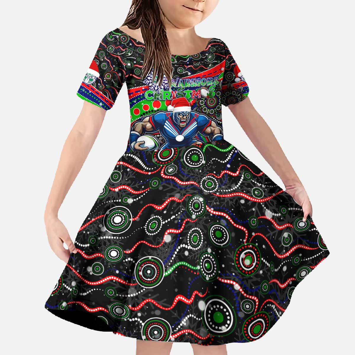 Merry Christmas New Zealand Warriors Family Matching Off The Shoulder Long Sleeve Dress and Hawaiian Shirt Aboriginal Santa Rugby Mascot