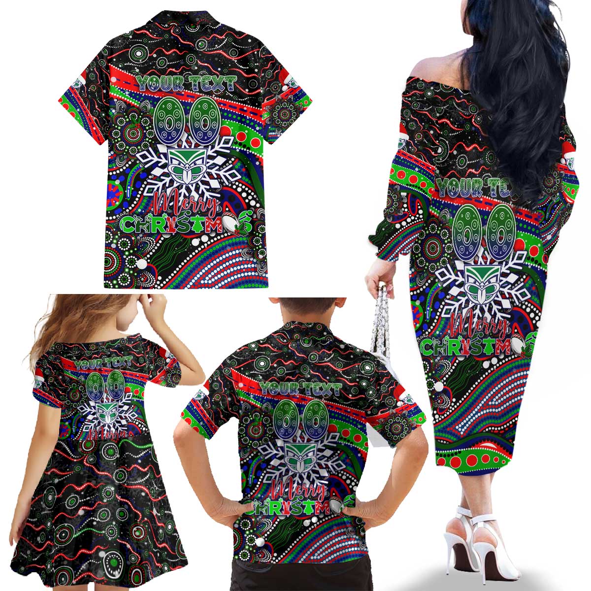 Merry Christmas New Zealand Warriors Family Matching Off The Shoulder Long Sleeve Dress and Hawaiian Shirt Aboriginal Santa Rugby Mascot