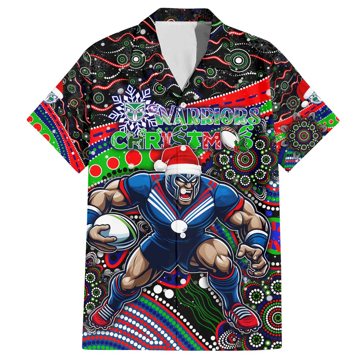 Merry Christmas New Zealand Warriors Family Matching Off The Shoulder Long Sleeve Dress and Hawaiian Shirt Aboriginal Santa Rugby Mascot