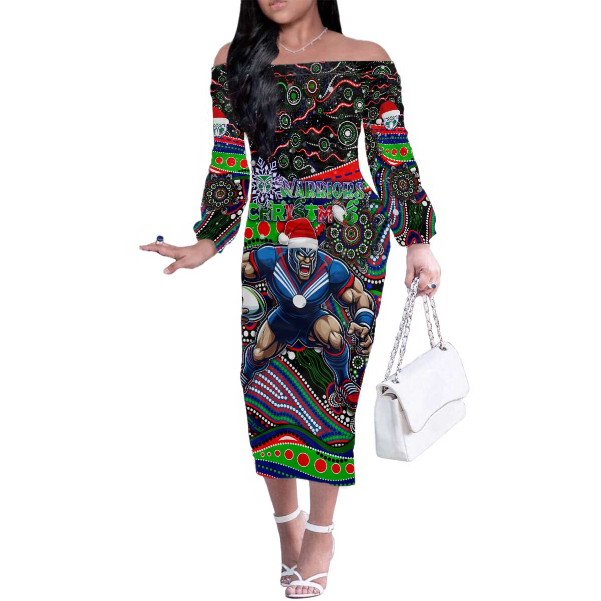 Merry Christmas New Zealand Warriors Family Matching Off The Shoulder Long Sleeve Dress and Hawaiian Shirt Aboriginal Santa Rugby Mascot