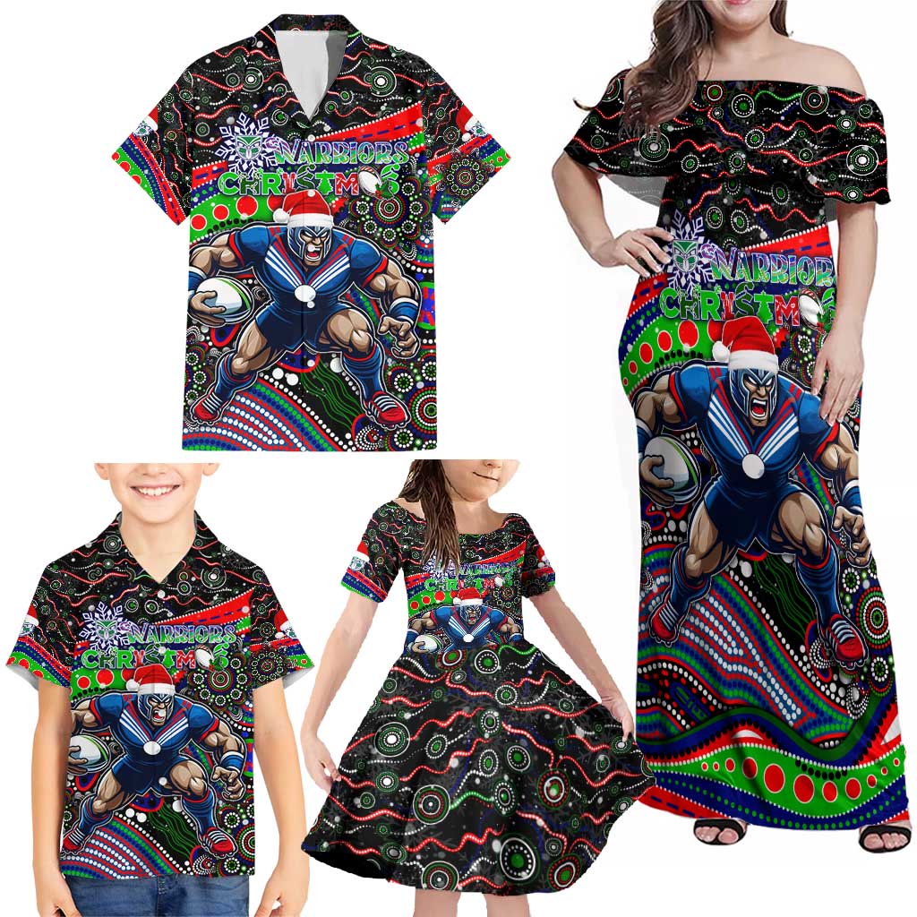 Merry Christmas New Zealand Warriors Family Matching Off Shoulder Maxi Dress and Hawaiian Shirt Aboriginal Santa Rugby Mascot