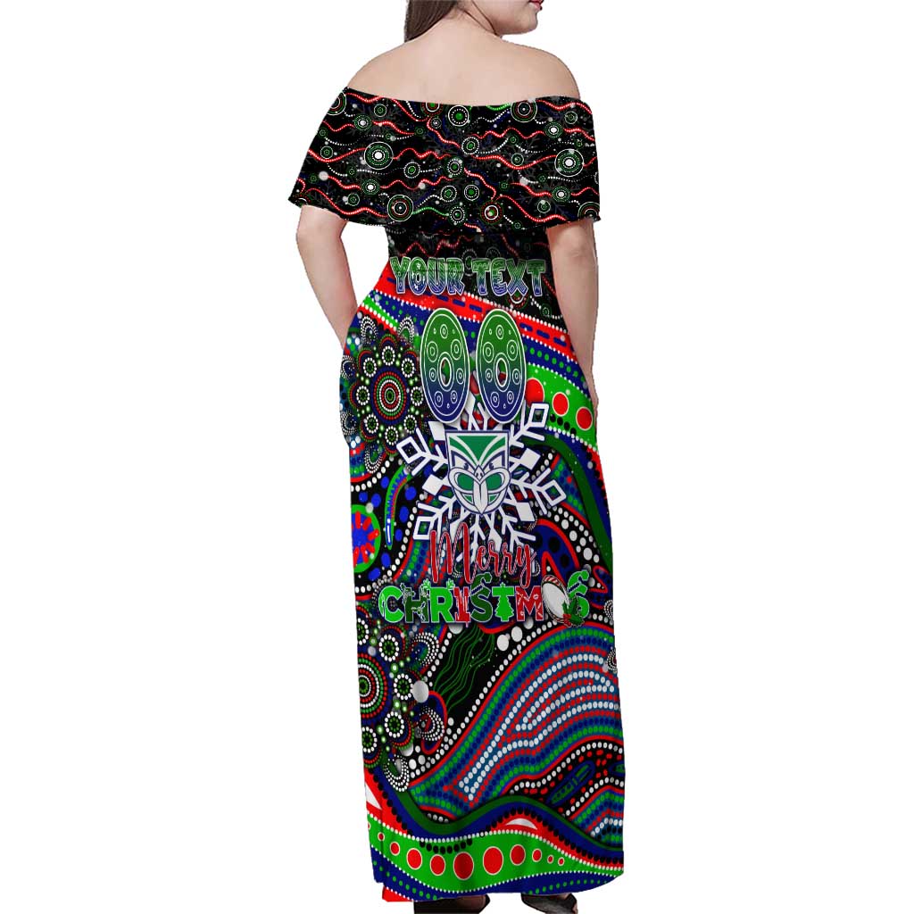 Merry Christmas New Zealand Warriors Family Matching Off Shoulder Maxi Dress and Hawaiian Shirt Aboriginal Santa Rugby Mascot