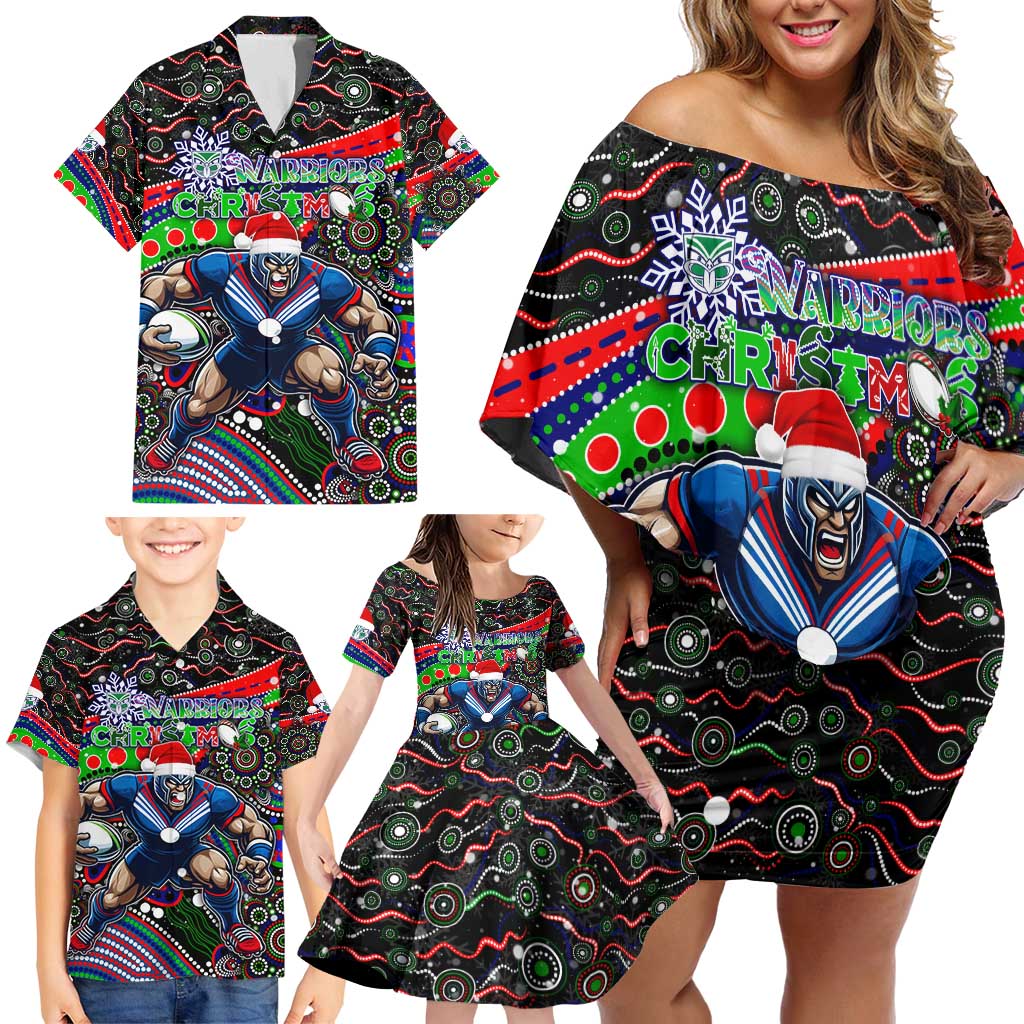 Merry Christmas New Zealand Warriors Family Matching Off Shoulder Short Dress and Hawaiian Shirt Aboriginal Santa Rugby Mascot