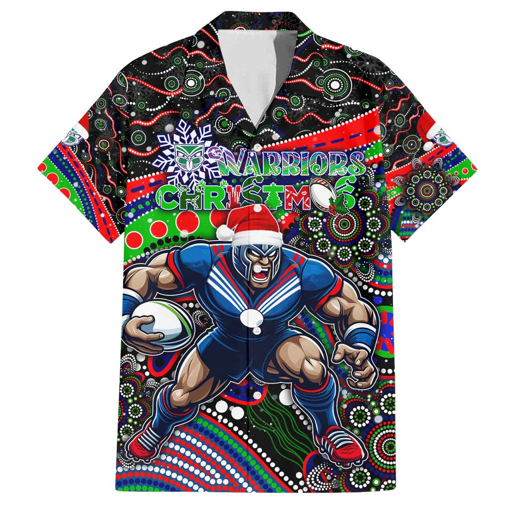 Merry Christmas New Zealand Warriors Family Matching Off Shoulder Short Dress and Hawaiian Shirt Aboriginal Santa Rugby Mascot