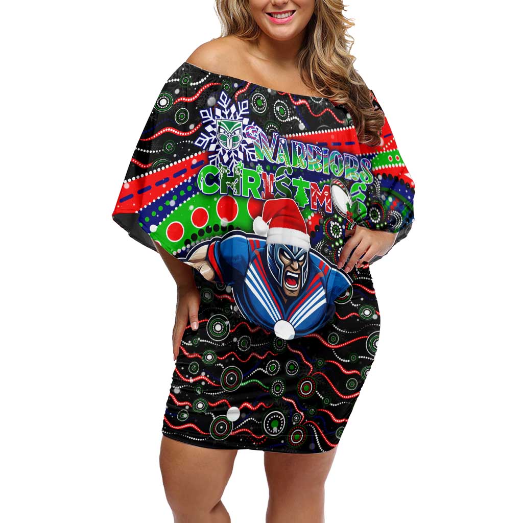 Merry Christmas New Zealand Warriors Family Matching Off Shoulder Short Dress and Hawaiian Shirt Aboriginal Santa Rugby Mascot