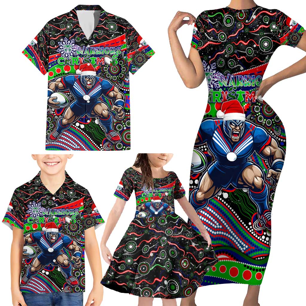 Merry Christmas New Zealand Warriors Family Matching Short Sleeve Bodycon Dress and Hawaiian Shirt Aboriginal Santa Rugby Mascot
