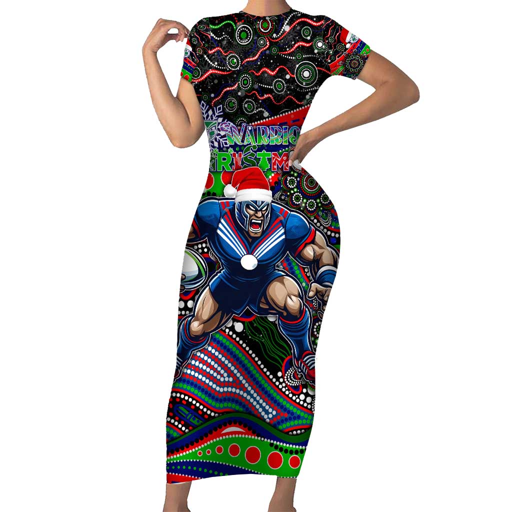 Merry Christmas New Zealand Warriors Family Matching Short Sleeve Bodycon Dress and Hawaiian Shirt Aboriginal Santa Rugby Mascot