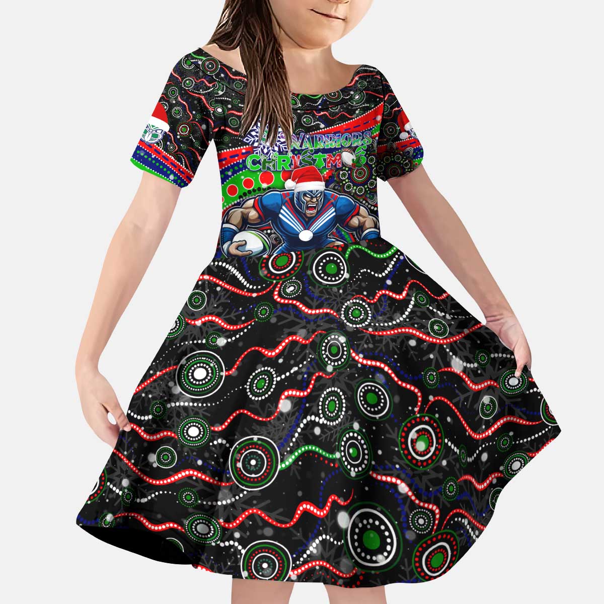 Merry Christmas New Zealand Warriors Kid Short Sleeve Dress Aboriginal Santa Rugby Mascot - Vibe Hoodie Shop