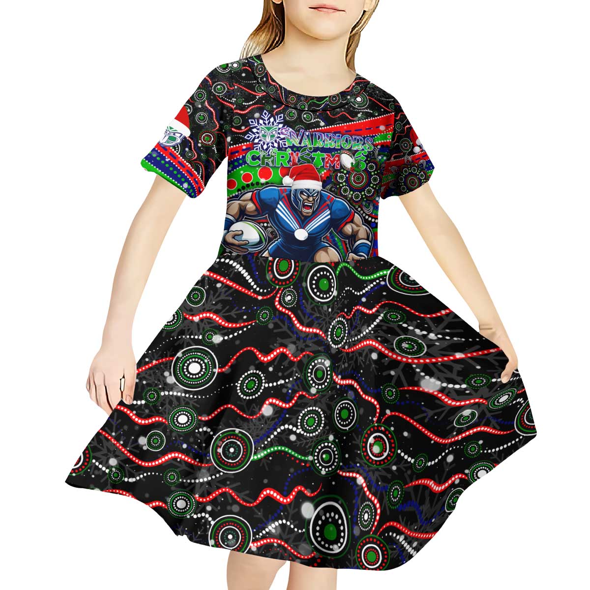 Merry Christmas New Zealand Warriors Kid Short Sleeve Dress Aboriginal Santa Rugby Mascot - Vibe Hoodie Shop