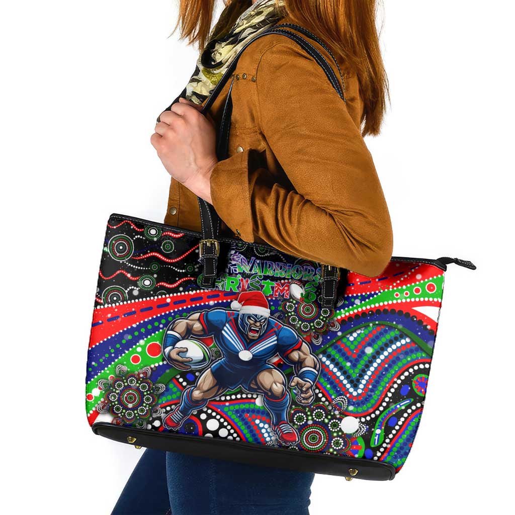 Merry Christmas New Zealand Warriors Leather Tote Bag Aboriginal Santa Rugby Mascot