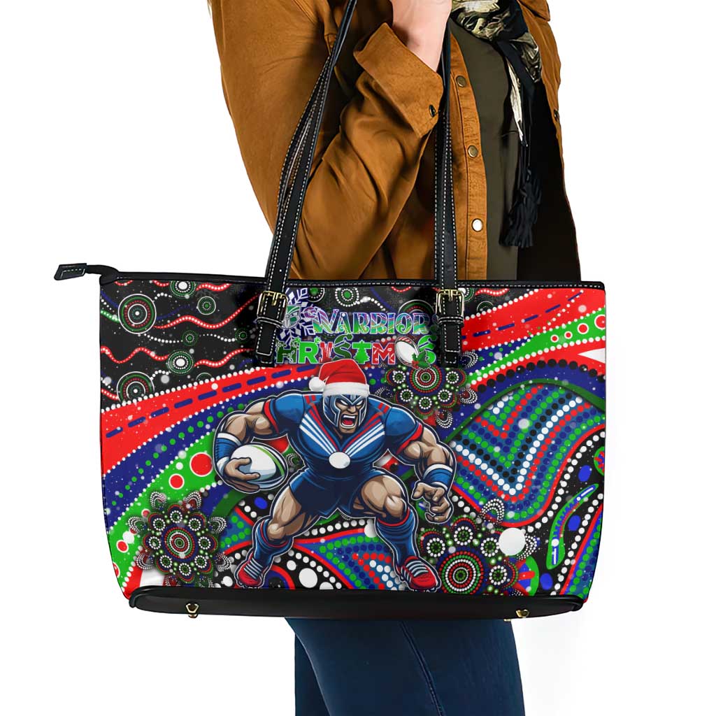 Merry Christmas New Zealand Warriors Leather Tote Bag Aboriginal Santa Rugby Mascot