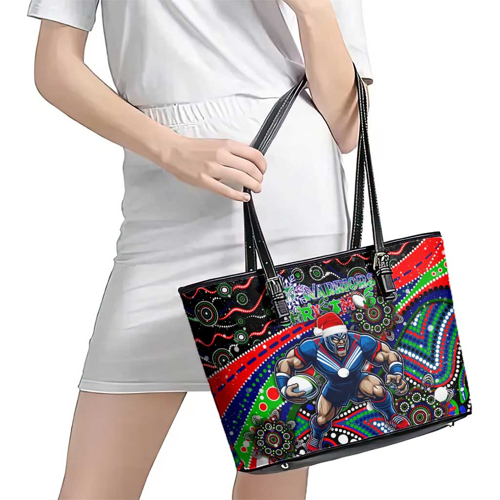 Merry Christmas New Zealand Warriors Leather Tote Bag Aboriginal Santa Rugby Mascot