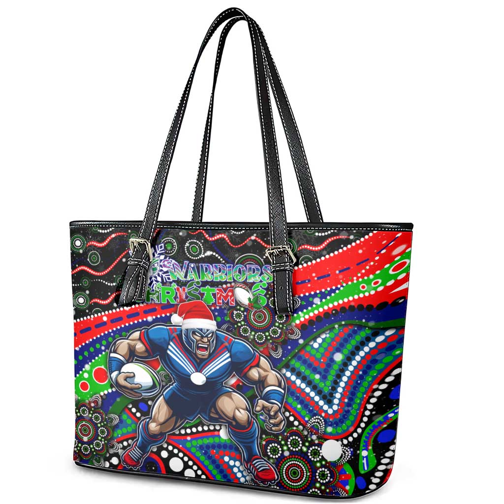 Merry Christmas New Zealand Warriors Leather Tote Bag Aboriginal Santa Rugby Mascot