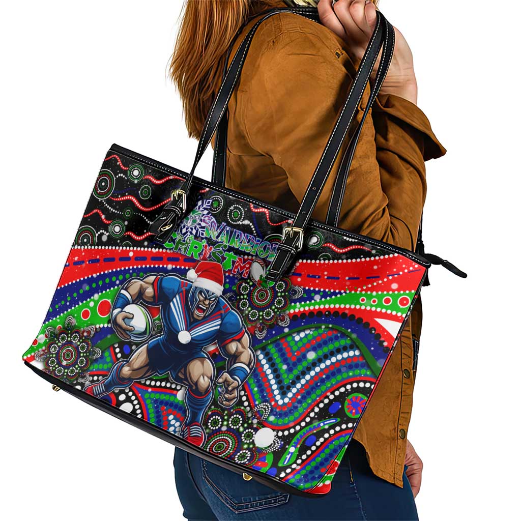 Merry Christmas New Zealand Warriors Leather Tote Bag Aboriginal Santa Rugby Mascot