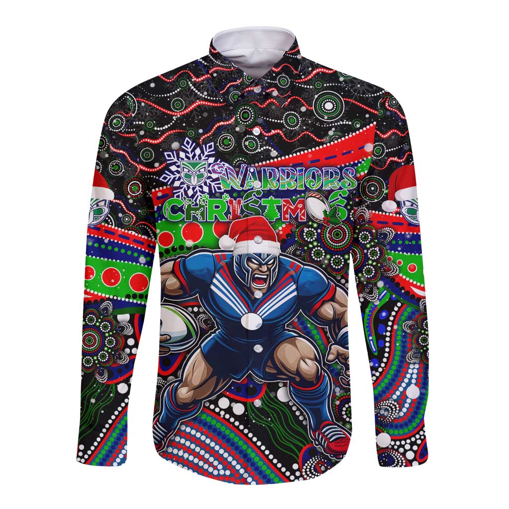 Merry Christmas New Zealand Warriors Long Sleeve Button Shirt Aboriginal Santa Rugby Mascot - Vibe Hoodie Shop