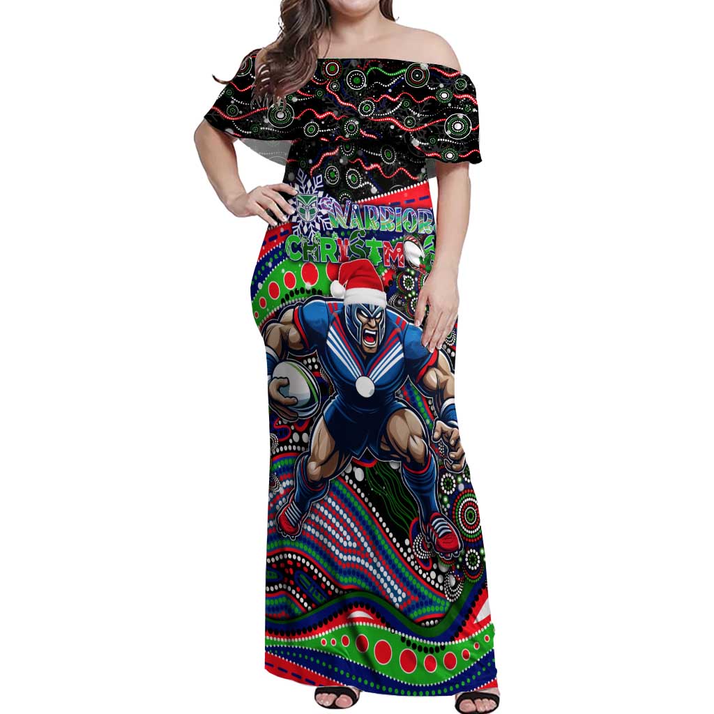 Merry Christmas New Zealand Warriors Off Shoulder Maxi Dress Aboriginal Santa Rugby Mascot