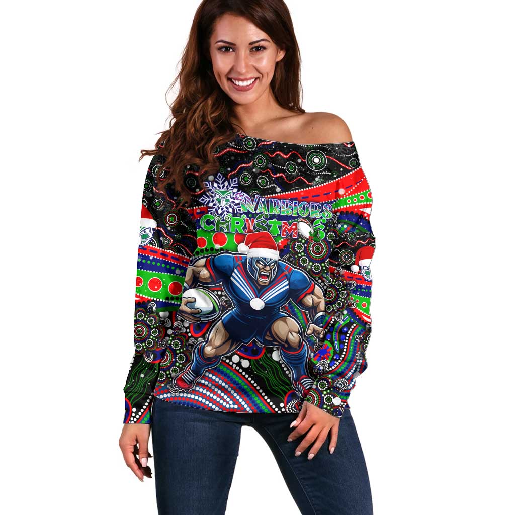 Merry Christmas New Zealand Warriors Off Shoulder Sweater Aboriginal Santa Rugby Mascot - Vibe Hoodie Shop